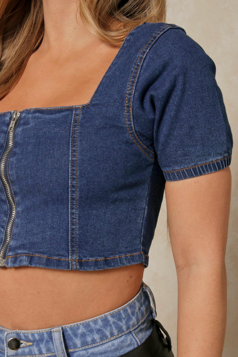 Denim Zip Front Square Neck Crop Top